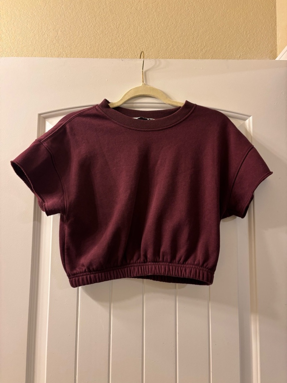 Cropped Short Sleeve Fleece-lined Sweatshirt - Deep Burgundy